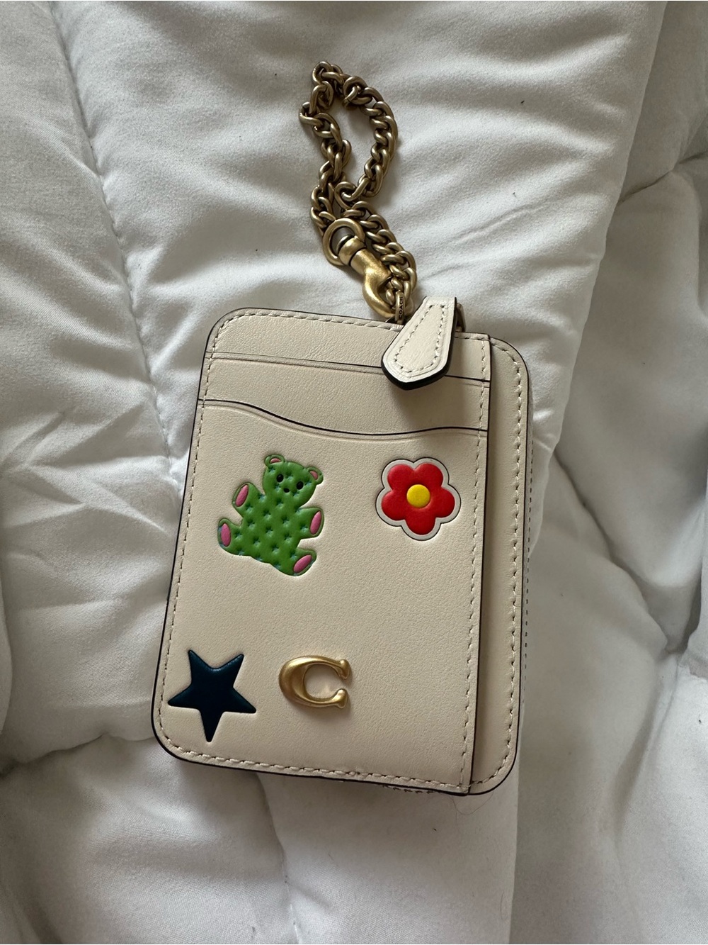 Coach Cream Leather Card Case with Charm Chain and Playful Patches